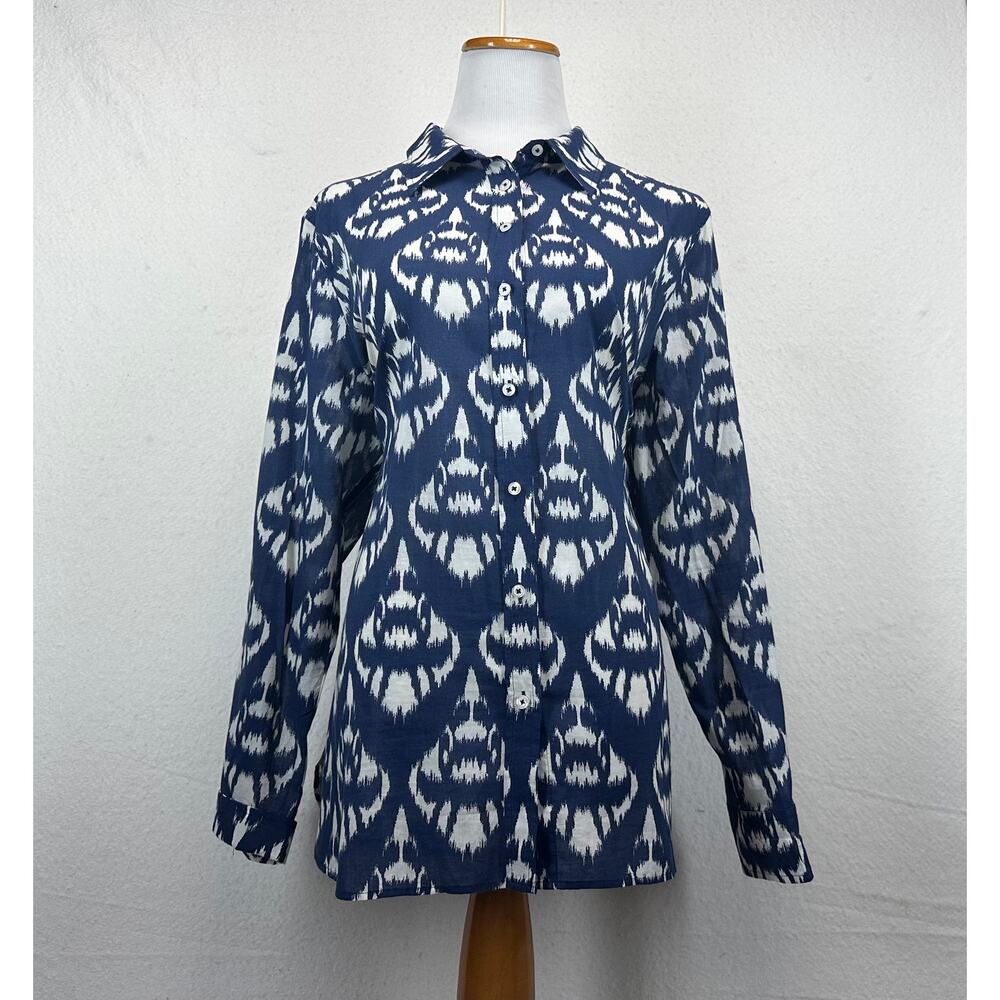 Talbots Cotton Button Down Blouse Navy Blue & White Ikat Size XL Preppy Casual